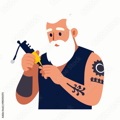 Senior Caucasian male tattoo artist with white beard and arm tattoos wearing a black vest and holding a professional tattoo machine, creative professional at work, flat vector illustration