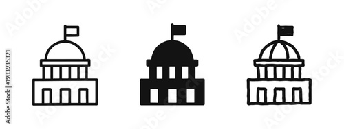 Government Capitol Building Icon with Dome and Flag in Outline, Solid, and Hand Drawn Styles