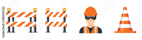 orange road traffic cones construction barriers barricades and male builder worker industrial safety set flat vector illustration