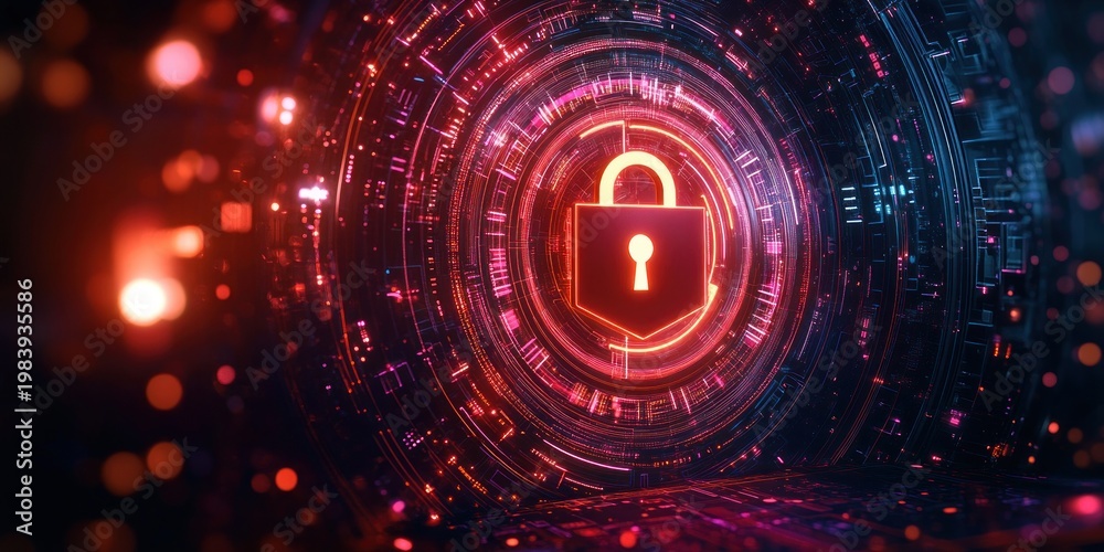 Obraz premium Glowing neon padlock centered in concentric circular digital circuitry with vibrant bokeh lights on a dark background, evoking futuristic protection and vigilance