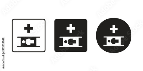 Medical symbol icons showing a patient on a stretcher with a cross sign above