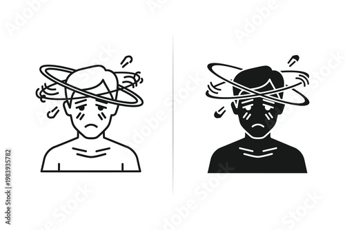 Dizzy man with swirling lines around head, feeling unwell vector illustration
