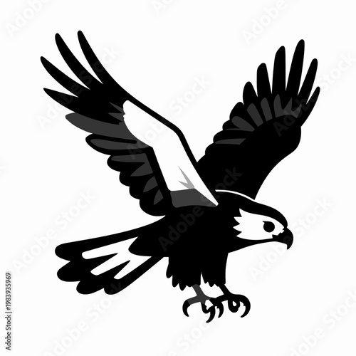 Minimalist black and white flat vector illustration of a single soaring hawk bird of prey in a dynamic diving pose, powerful raptor mascot symbol for strength and freedom concept