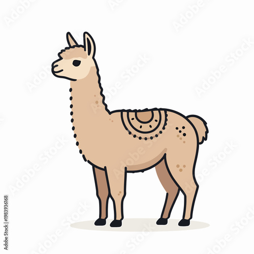 Minimalist flat vector illustration of a single Andean llama standing outdoors in a rural mountain concept, representing Peru heritage and South American wildlife in a clean modern art style.