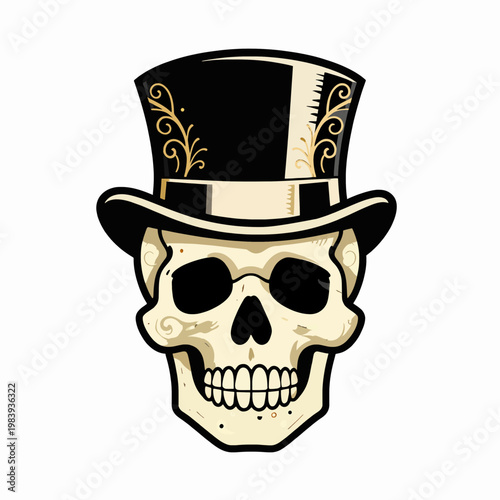 Ornate Vintage Skull in Top Hat Flat Vector Illustration, Victorian Filigree Art Style with Gold Accents, Single Gothic Icon for Tattoo Studio Design, Isolated on White Background, Adult Male Concept