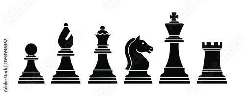 Set of Chess Vector Icons – Black Silhouette King Queen Pawn Knight Rook EPS10 Strategy Game Collection