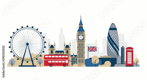 An illustration depicts a London cityscape with iconic landmarks and transportation on a flat design.