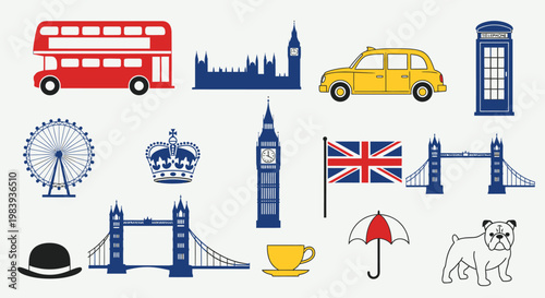 London themed flat vector pack featuring iconic symbols and landmarks in illustrations