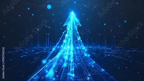 Abstract digital arrow pointing upwards, representing growth and progress on a dark background