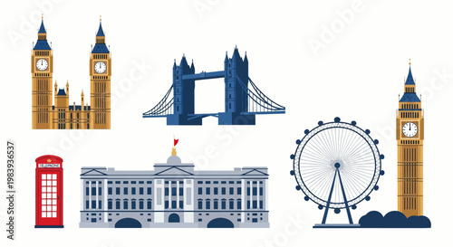 Illustrations of famous UK landmarks in London cityscape with Big Ben, Tower Bridge, and more