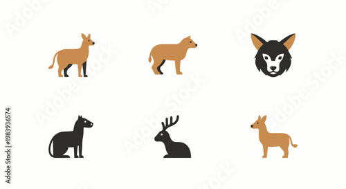 Flat vector icons of various animal silhouettes and logos in minimal style upscaled.