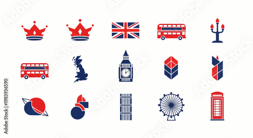 UK symbols icons pack for luxury minimal design featuring crowns and London landmarks