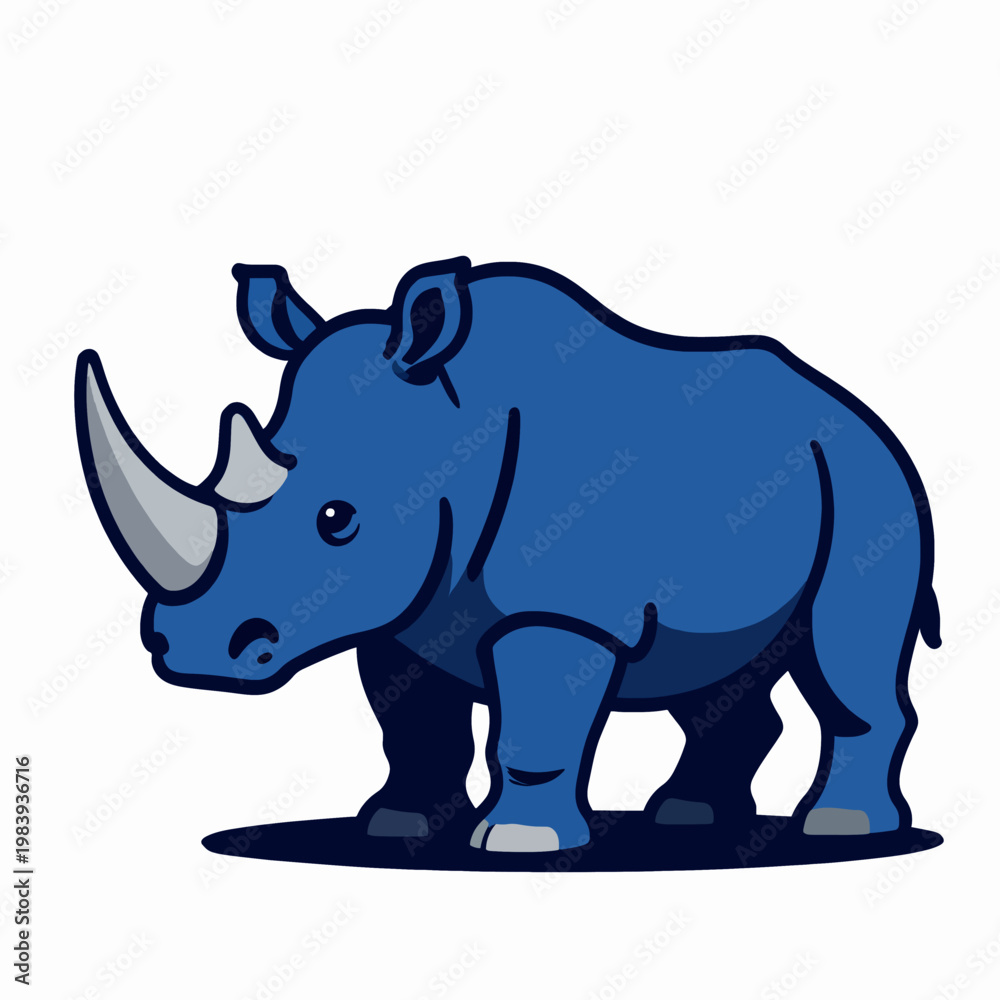 Obraz premium Powerful Blue Rhinoceros Mascot Flat Vector Illustration, Charging Rhino Graphic in Athletic Stance for Sports Branding and Fitness Concept, Isolated on White, Modern Minimalist Design.