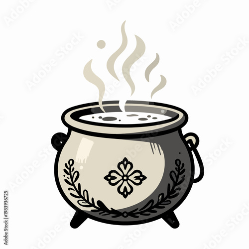 Mystical black cauldron with bubbling magic potion and rising smoke, hand-drawn flat vector illustration of a witch's pot for Halloween and occult concepts, isolated on white background.