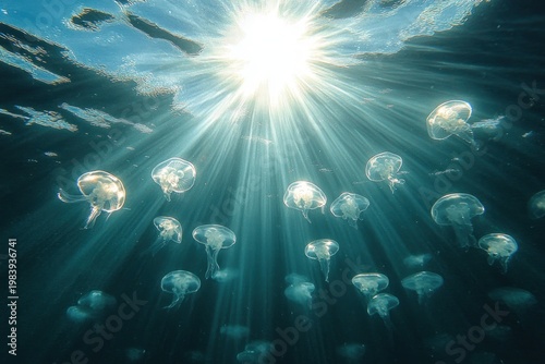 translucent jellyfish drifting beneath a sunlit water surface with radiant beams, serene and ethereal underwater scene
