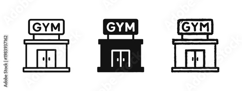 Gym fitness center building icon set in outline, solid and hand-drawn styles