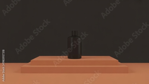 Minimalist black cosmetic bottle on wooden surface with dramatic shadow lighting
