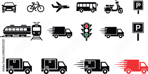 Vector Icon Set Featuring Various Transportation Modes, Including Cars, Bicycles, Planes, Trains, Trucks, Traffic Signals, and Parking Signs