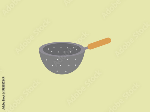 A gray metal colander featuring a round bowl with multiple drainage holes and a light brown wooden handle