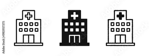 Hospital medical center building icon set in outline, solid and hand-drawn styles