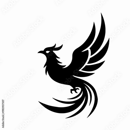 Elegant Black Phoenix Bird Flying In Minimalist Flat Vector Style, Stylized Tribal Mythical Creature Silhouette Isolated On White Background, Graceful Winged Animal Icon For Branding And Logo Design