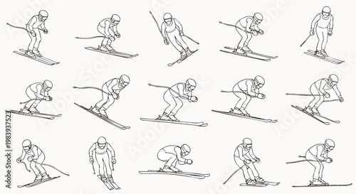 Detailed line art sequence of a skier demonstrating various dynamic movements and techniques for downhill skiing, ideal for sports education.