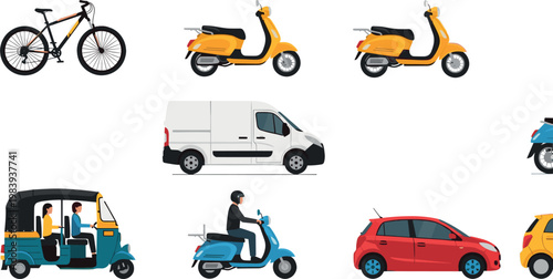 Vector Set of Different Vehicles, Including Bicycle, Scooter, Car, Van, and Rickshaw, Ideal for Transportation, Delivery, and Urban Mobility Designs