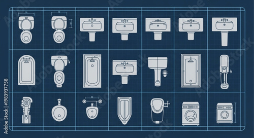 Collection of bathroom fixture blueprints and technical drawings.
