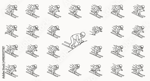 Dynamic line art illustration showcasing multiple skiers in rapid motion, emphasizing speed and the thrill of winter sports, with one distinct skier.