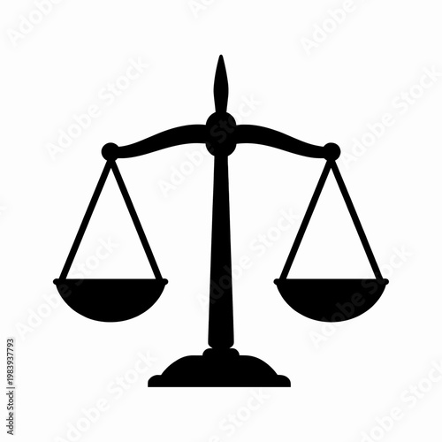 Minimalist black flat vector illustration of a single scale of justice symbol representing law and equity, isolated on white background for legal and court concepts, professional judicial icon.