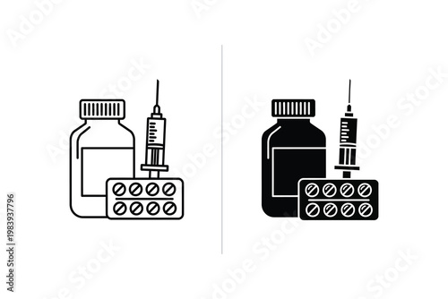 Medical icons with syringe, pills blister pack and medicine bottle, flat design vector illustration