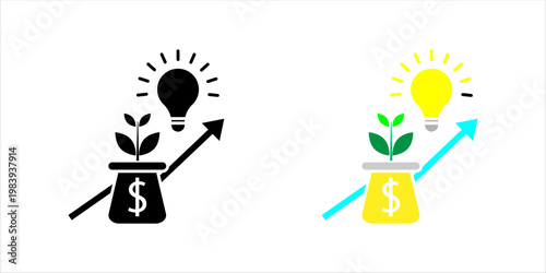 Minimal outline icon set. of money bag with plant, light bulb, and upward arrow representing investment growth, financial ideas, and business success.
