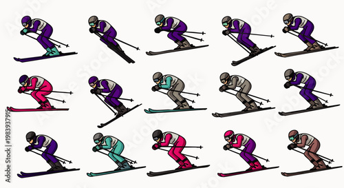 Dynamic cartoon vector illustrations of downhill skiers in various action poses and colorful outfits, perfect for winter sports themes, graphic design, and athletic concepts.