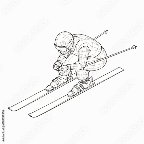 Line art illustration of an alpine skier in action, swiftly descending a snowy slope, capturing the speed and excitement of competitive winter sports.
