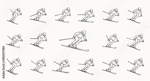 Collection of hand-drawn line art illustrations depicting various skiers in action, forming a dynamic pattern for winter sports and recreation designs.