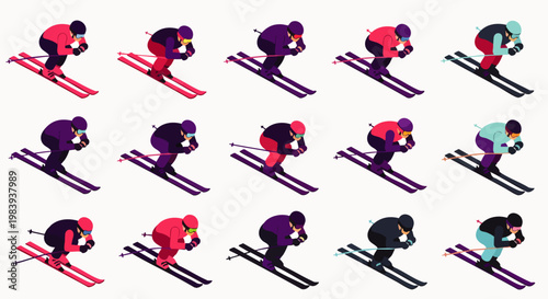 Collection of isometric skiers in dynamic action poses, illustrating winter sports, recreation, and downhill skiing with vibrant, diverse character designs.