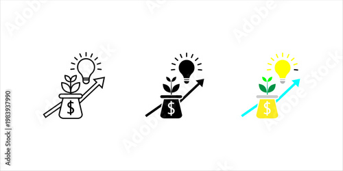 Minimal outline icon set. of money bag with plant, light bulb, and upward arrow representing investment growth, financial ideas, and business success.