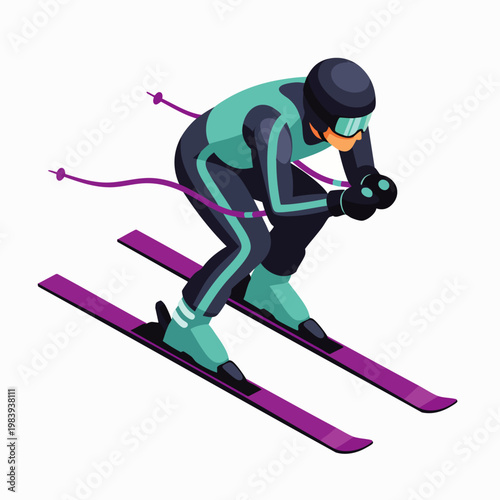 Dynamic vector illustration of a professional alpine skier in a modern teal and black suit, helmet, and goggles, speeding downhill on purple skis, embodying winter sports action and speed.