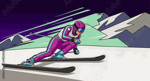 Vibrant illustration of a female athlete skiing downhill at high speed on a snow-covered mountain, embodying the excitement of winter sports.