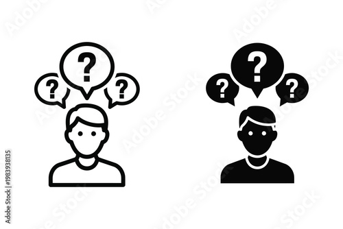 Two people icons with question marks in speech bubbles, representing doubt or confusion, flat design vector illustration