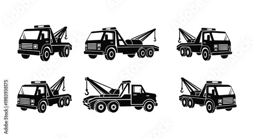 Variety of tow trucks depicted in a black graphic silhouette