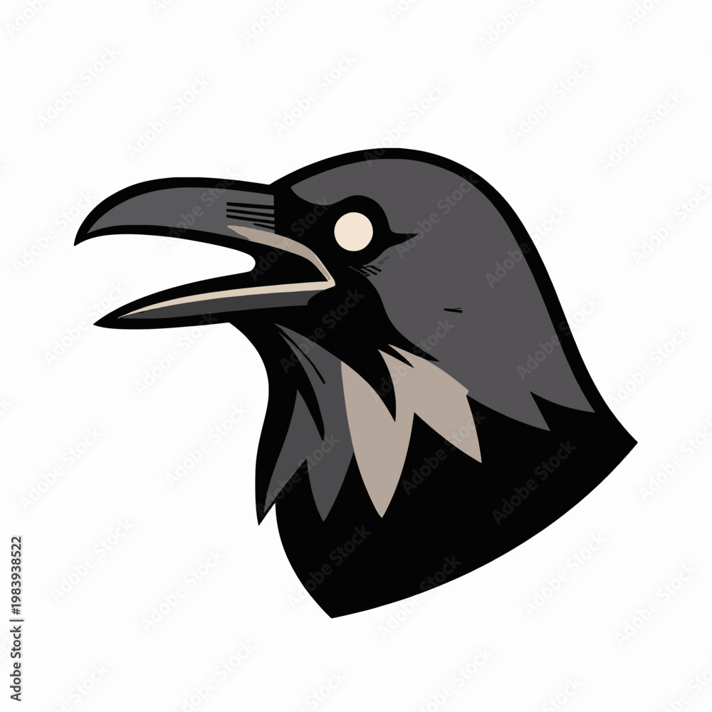 Naklejka premium Aggressive Black Raven Head Vector Illustration, Minimalist Crow Mascot Graphic with Gothic Aesthetic and Hand-Drawn Ink Style, Isolated Bird Symbol for Dark Concept Art and Nature Design.