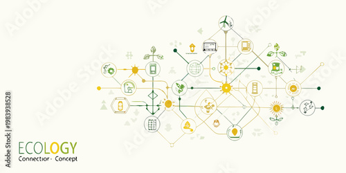Ecology connection concept illustrated with various green and yellow icons