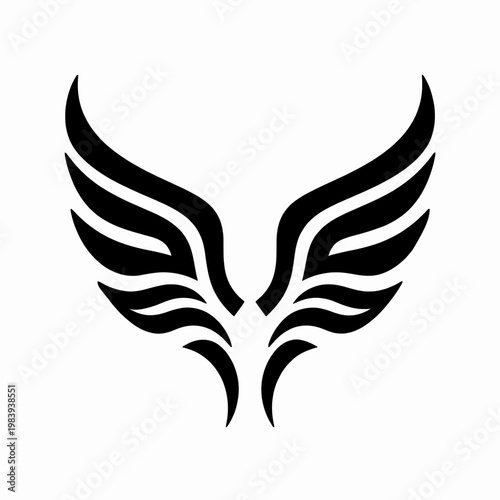 Minimalist black tribal wing tattoo design, sharp vector illustration of a symmetrical pagan symbol for a young adult man, isolated on white background, gothic subculture fashion concept.