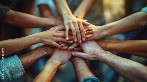 Close-up of multiple hands stacked together in a circle expressing unity, support and teamwork