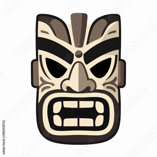 Vintage Flat Vector Illustration of a Fierce Tribal Tiki Mask, Traditional Polynesian Wood Carving Graphic with Bold Black Outlines, Cultural Pacific Island Totem Icon Isolated on White