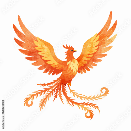 Majestic Phoenix Bird in Mid-Flight, Elegant Flat Vector Illustration of a Golden Firebird with Flowing Wings and Tail Feathers, Mythological Creature Symbolizing Rebirth and Resilience.