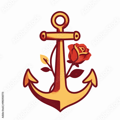 Flat vector illustration of a single vintage anchor and red rose for a mother or grandmother, celebrating love and family strength with a classic tattoo aesthetic, isolated on white background.