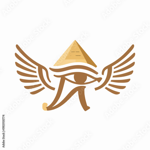A single golden Egyptian Eye of Horus icon with symmetrical wings and a minimalist pyramid, flat vector illustration of an ancient spiritual symbol, isolated on white, mystical concept art.