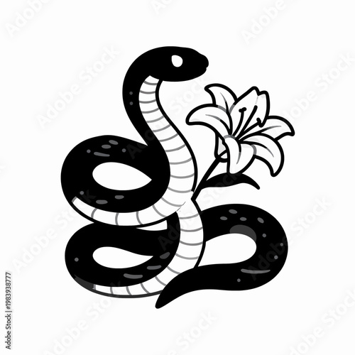 Minimalist Black and White Flat Vector Illustration of a Single Coiled Snake and Blooming Lily Flower, Elegant Botanical Reptile Graphic for Nature and Tattoo Concept, Isolated on White Background